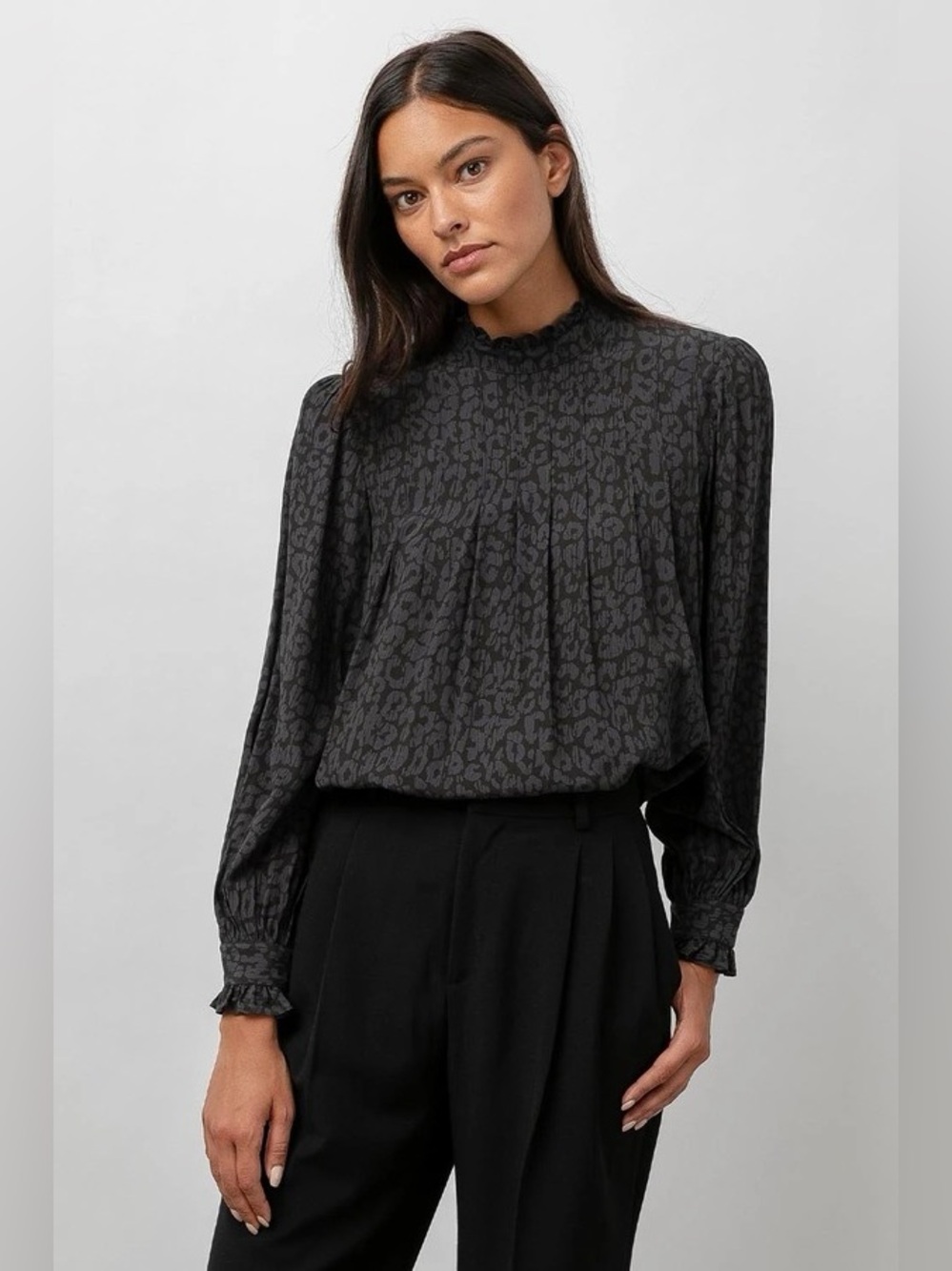 Rails Ariana Charcoal Batik Cheetah Ruffle Mock Neck Blouse Large Luxe EUC $234